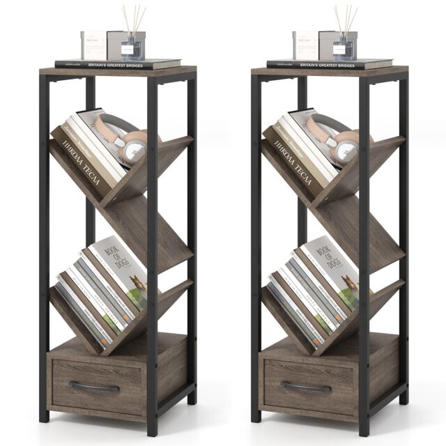 Gymax 2 PCS Tree Bookshelf 4 Tier Narrow Bookcase With Drawer Floor Organizer in Light Grey - Size: 2 Pack - image 1