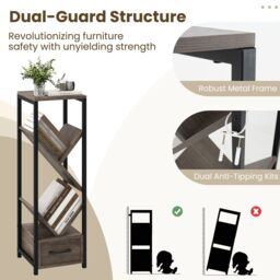 Gymax 2 PCS Tree Bookshelf 4 Tier Narrow Bookcase With Drawer Floor Organizer in Light Grey - Size: 2 Pack - thumbnail 6