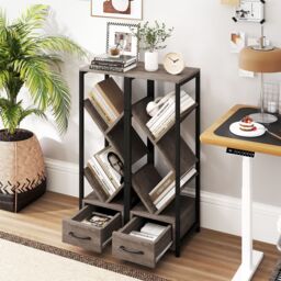 Gymax 2 PCS Tree Bookshelf 4 Tier Narrow Bookcase With Drawer Floor Organizer in Light Grey - Size: 2 Pack - thumbnail 5