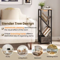 Gymax 2 PCS Tree Bookshelf 4 Tier Narrow Bookcase With Drawer Floor Organizer in Light Grey - Size: 2 Pack - thumbnail 4