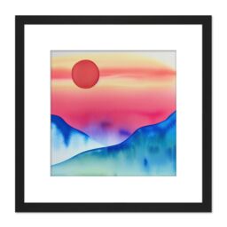 Artery8 Landscape Red Sun Sunset Modern Watercolour Illustration Square Wooden Framed Wall Art Print Picture 8X8 Inch in Black - thumbnail 1