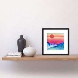 Artery8 Landscape Red Sun Sunset Modern Watercolour Illustration Square Wooden Framed Wall Art Print Picture 8X8 Inch in Black - thumbnail 2
