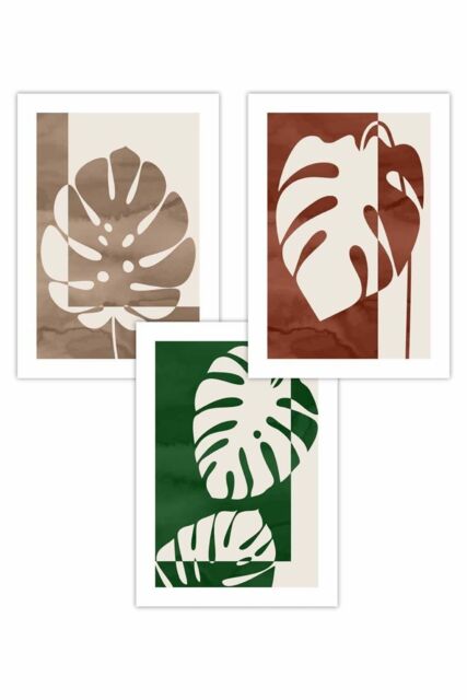 ARTZE Set of 3 Mid Century Monstera in Beige & Green Art Posters in Dark Green - Size: W50 cm x H70 cm - image 1