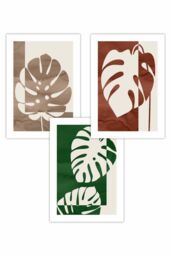 ARTZE Set of 3 Mid Century Monstera in Beige & Green Art Posters in Dark Green - Size: W50 cm x H70 cm - thumbnail 1