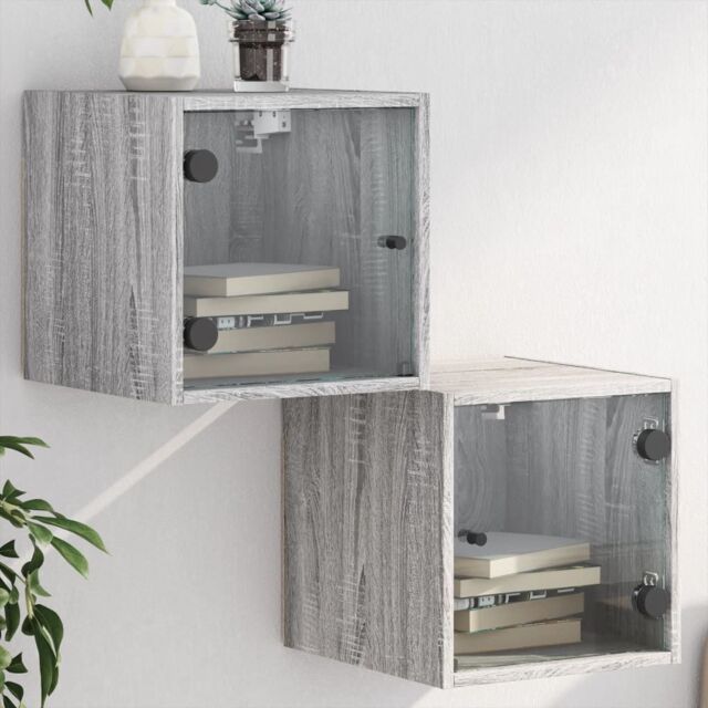 Berkfield Home Bedside Cabinets with Glass Doors 2 pcs Grey Sonoma 35x37x35 cm - Size: 35 x 37 x 35 cm - image 1