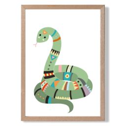 ARTZE Snake Tribal Animal Framed Print SIZE: A2 with Oak Frame in Pale Green