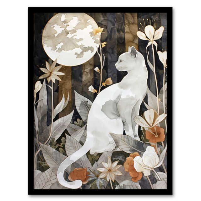 "Artery8 Cat Lover Floral Forest Full Moon Watercolour Framed Art Print in Grey - Size: W12"" x H16""" - image 1