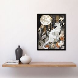 "Artery8 Cat Lover Floral Forest Full Moon Watercolour Framed Art Print in Grey - Size: W12"" x H16""" - thumbnail 4