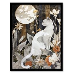 "Artery8 Cat Lover Floral Forest Full Moon Watercolour Framed Art Print in Grey - Size: W12"" x H16""" - thumbnail 1