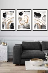 ARTZE Set of 3 Black Framed Abstract Black Grey & Gold Watercolour Shapes Wall Art - Size: W53 cm x H73 cm x D20mm - thumbnail 1