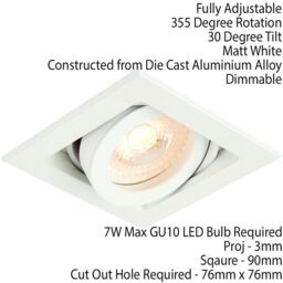 Loops Single Square Adjustable Head Ceiling Spotlight White GU10 50W Box Downlight - thumbnail 2