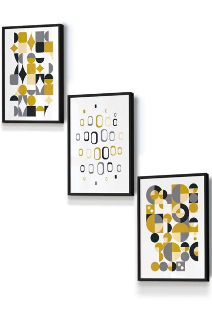 ARTZE Mid Century Graphical Grey Yellow Framed Wall Art - Small in Black - Size: W33 cm x H45 cm x D20mm - image 1