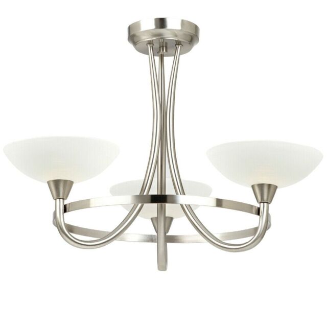 Loops Semi Flush Ceiling Light Satin Chrome & White 3 Bulb Hanging Pendant Lamp Shade - image 1