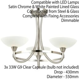 Loops Semi Flush Ceiling Light Satin Chrome & White 3 Bulb Hanging Pendant Lamp Shade - thumbnail 2