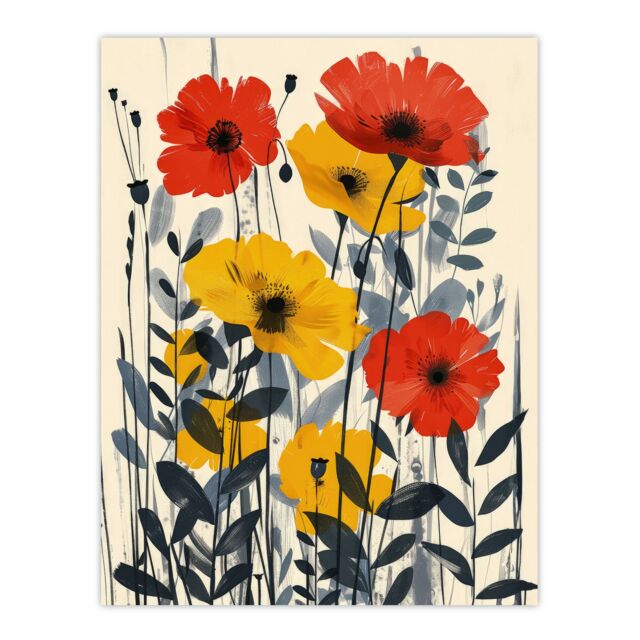 "Artery8 Wall Art Print Yellow & Red Wildflowers Blooming Modern Poster - Size: W24"" x H32""" - image 1