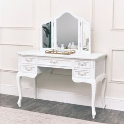 Melody Maison Antique White Dressing Table Desk With Triple Mirror - Pays Blanc Range