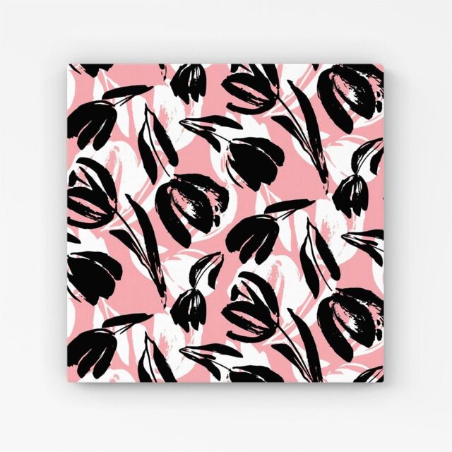 Warren Reed - Designer Nature Flat Spring Flower Motif In Pink & Black Color Canvas - Size: w10 inch x h10 inch - image 1