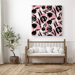 Warren Reed - Designer Nature Flat Spring Flower Motif In Pink & Black Color Canvas - Size: w10 inch x h10 inch - thumbnail 3