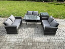 Fimous 6 Seater Rattan Wicker Garden Furniture Patio Conservatory Sofa Set with Rectangular Dining Table Love Seat Sofa in Dark Grey - thumbnail 2