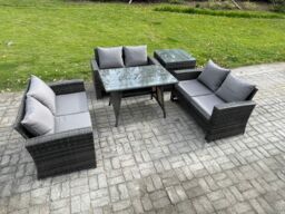 Fimous 6 Seater Rattan Wicker Garden Furniture Patio Conservatory Sofa Set with Rectangular Dining Table Love Seat Sofa in Dark Grey - thumbnail 1