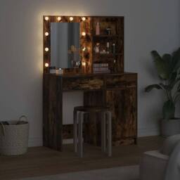 Berkfield Home Modern 2 Piece Dressing Table Set with LED Smoked Oak Engineered Wood in Brown - thumbnail 4
