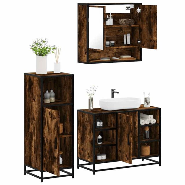 Berkfield Home 3 Piece Bathroom Furniture Set Smoked Oak Engineered Wood in Brown - image 1