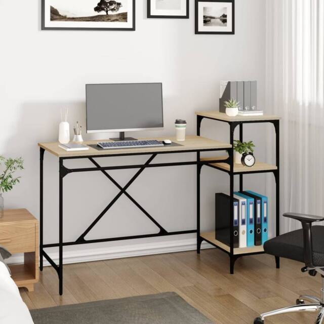 Berkfield Home Charming Desk with Shelves Sonoma Oak 135x50x90 cm Engineered Woo in Light Oak - Size: 135 x 50 x 90 cm - image 1