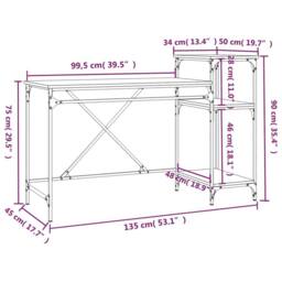 Berkfield Home Charming Desk with Shelves Sonoma Oak 135x50x90 cm Engineered Woo in Light Oak - Size: 135 x 50 x 90 cm - thumbnail 9