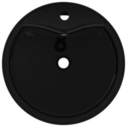 Berkfield Home Ceramic Bathroom Sink Basin Faucet/Overflow Hole Black Round - thumbnail 3