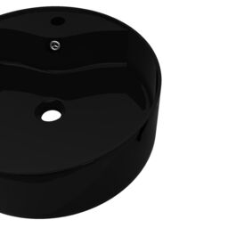 Berkfield Home Ceramic Bathroom Sink Basin Faucet/Overflow Hole Black Round - thumbnail 5