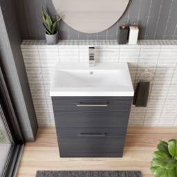 Balterley Contemporary Bathroom Floor Standing 2 Soft-Close Drawer Vanity Unit & Mid-Edge Basin, Charcoal Black, 600 mm in Black - thumbnail 3