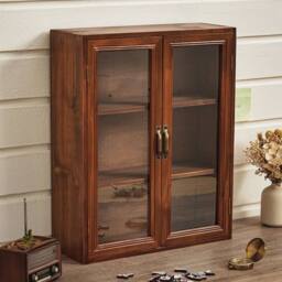 KORVIXA Wall Wooden Storage Cabinet Retro Clear Door Display Shelves in Brown - Size: 100 cm x 100 cm - thumbnail 3