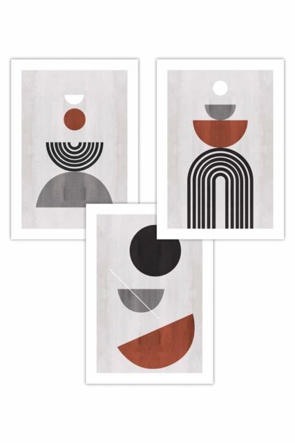 ARTZE Set of 3 Black Grey Terracotta Abstract Mid Century Geometric Art Posters - Size: W30 cm x H42 cm - image 1