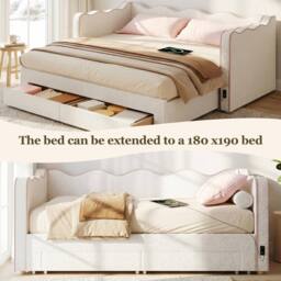 Merax 3ft Single Bouclé Extendable Daybed with Trundle, Drawers & Charging in Beige - thumbnail 6