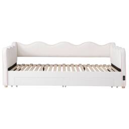 Merax 3ft Single Bouclé Extendable Daybed with Trundle, Drawers & Charging in Beige - thumbnail 9