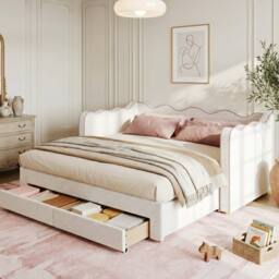 Merax 3ft Single Bouclé Extendable Daybed with Trundle, Drawers & Charging in Beige - thumbnail 1