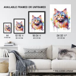 "Artery8 Wall Art Print Siberian Cat Lover Gift Pet Portrait Pastel Colour Rainbow Artwork Painting Poster - Size: W18"" x H24""" - thumbnail 3