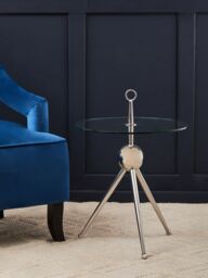 Orsina Clear Glass Stainless Steel Silver Frame Side Table, Tripod Stand Modern Accent Table, Round Glass Side Table - thumbnail 5