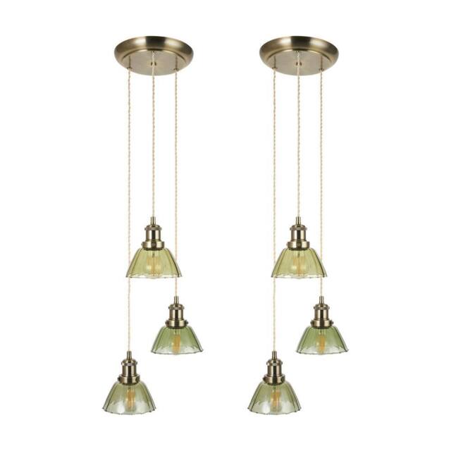 First Choice Lighting Set of 2 Vintage - Green Glass with Brass 3 Light Cluster Pendants in Bronze - image 1