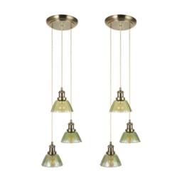 First Choice Lighting Set of 2 Vintage - Green Glass with Brass 3 Light Cluster Pendants in Bronze - thumbnail 1