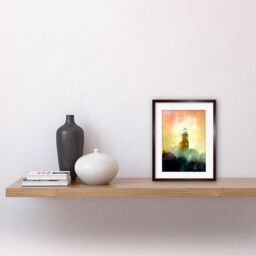 "Artery8 Wall Art Print Lighthouse in the Fog Watercolour Painting Soft Atmospheric Light Coastal Landscape Artwork Framed 9X7 Inch - Size: W7"" x H9""" - thumbnail 2