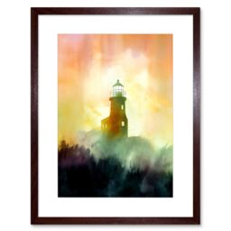 "Artery8 Wall Art Print Lighthouse in the Fog Watercolour Painting Soft Atmospheric Light Coastal Landscape Artwork Framed 9X7 Inch - Size: W7"" x H9""" - thumbnail 1