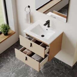 Banyetti Invicta 600mm Wall Hung Vanity with Veneto No Tap Hole Basin - Cashmere in Nude - thumbnail 8