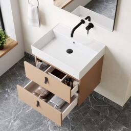 Banyetti Invicta 600mm Wall Hung Vanity with Veneto No Tap Hole Basin - Cashmere in Nude - thumbnail 2