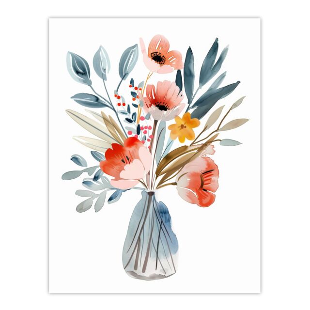 "Artery8 Wildflower Bouquet Vase Pastel Floral Watercolour Wall Art Print in Pink - Size: W18"" x H24""" - image 1