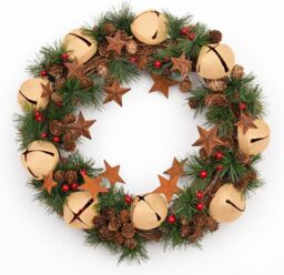 Shatchi 40cm Christmas Wreath with Jingle Bells Stars Pine Cones Berries Leaves for Outdoor in Beige - thumbnail 3
