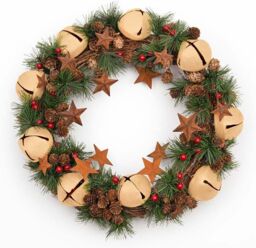 Shatchi 40cm Christmas Wreath with Jingle Bells Stars Pine Cones Berries Leaves for Outdoor in Beige - thumbnail 1