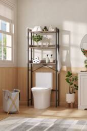 Living and Home 3-Tier Freestanding Over Toilet Storage Rack with 4 Hooks in Beige - thumbnail 2