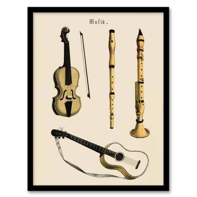 Artery8 Violin Guitar & Flutes Musical Vintage Framed Wall Art Print in Beige - Size: A4 - image 1
