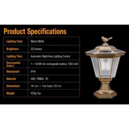 GWSOLAR Solar Light Bird Pattern Pillar Lamp Dusk to Dawn IP44 Auto On/Off Garden Solar Lights in Gold - thumbnail 7